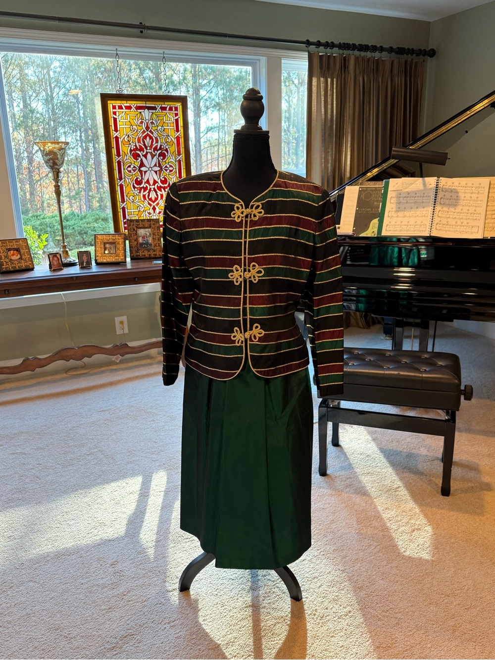 Talbots Green and Black Striped Jacket with Dark Green Midi Skirt